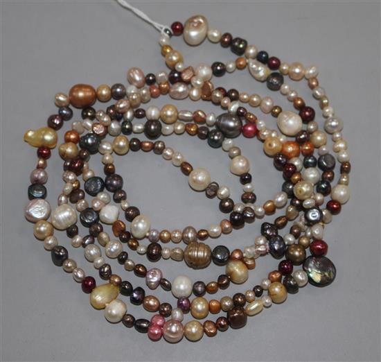 A single strand multi coloured cultured pearl necklace, 158cm.